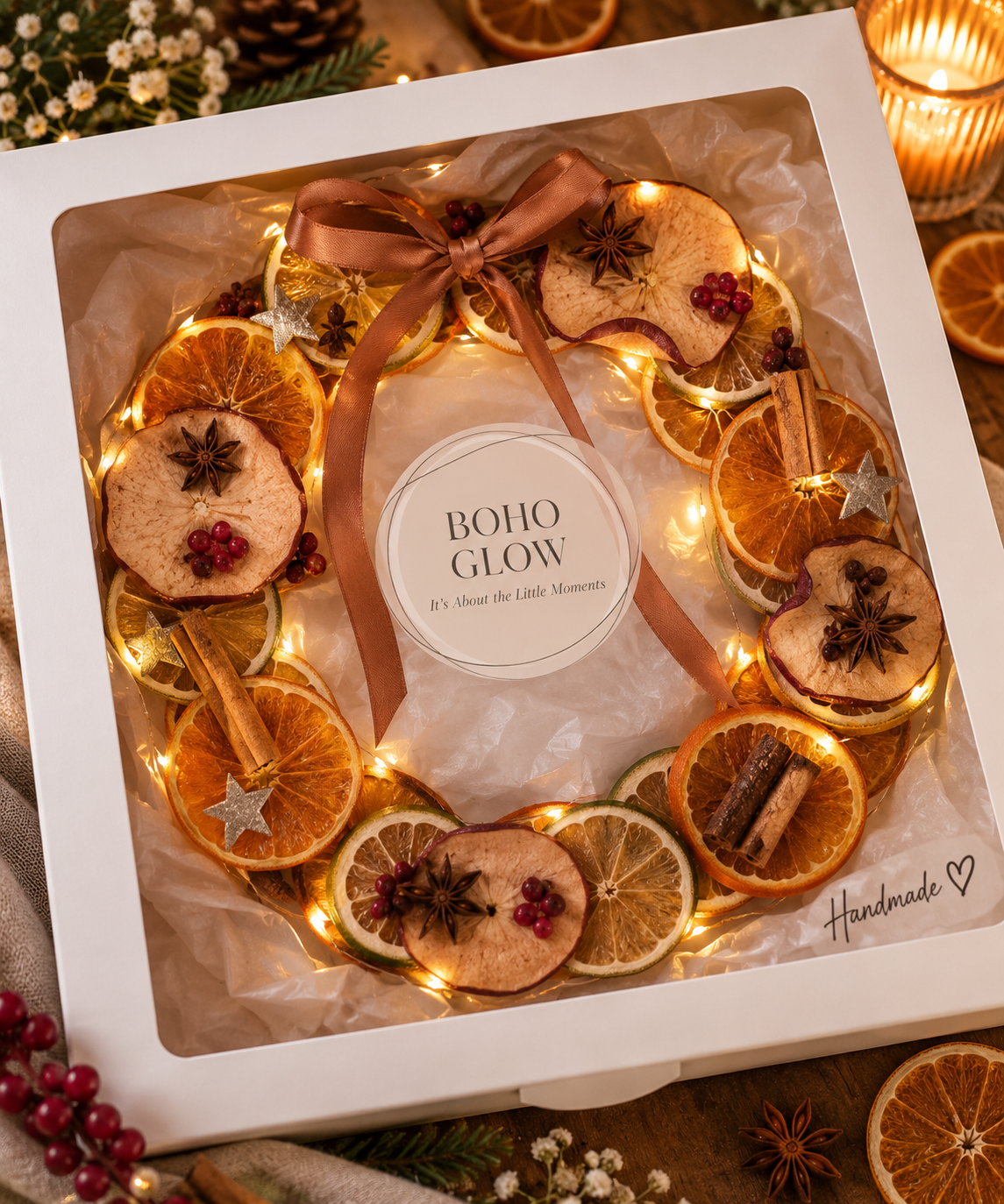 BOHO GLOW – Coroniță portocale – Decorațiune handmade de Crăciun